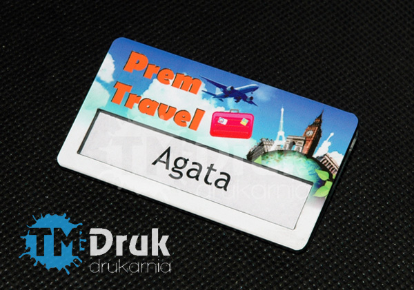 Identyfikator z okienkiem na wymienną treść z motywem graficznym działalności