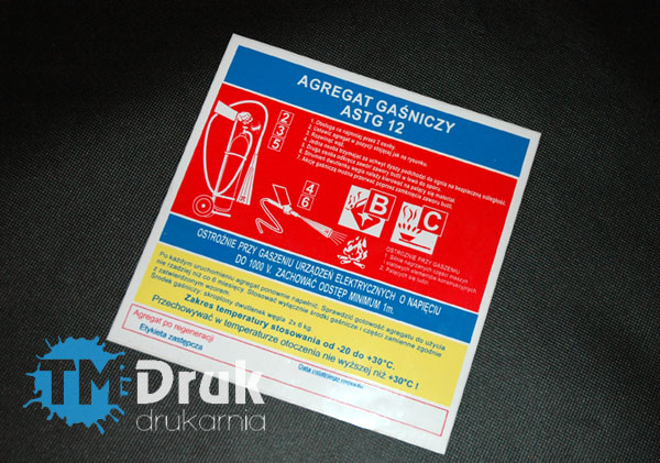 Etykieta zastępcza na agregat gaśniczy, drukowana na błyszczącej folii samoprzylepnej - Wrocław, Oława, Oleśnica, Brzeg, Siechnice