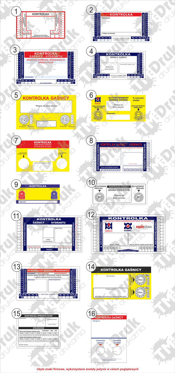 Kontrolki na gaśnice przykładowe wzory